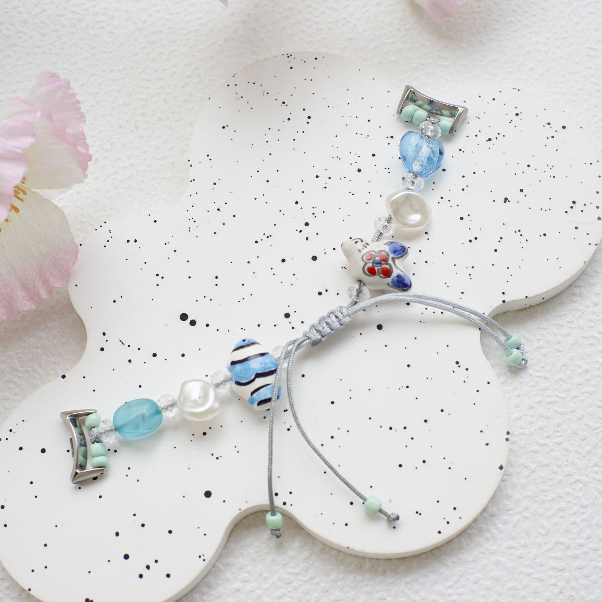 Wholesale Hand Made Beaded Ceramic Bunny with Heart Motif  Fresh Blue  Bracelet-Style Watch Band