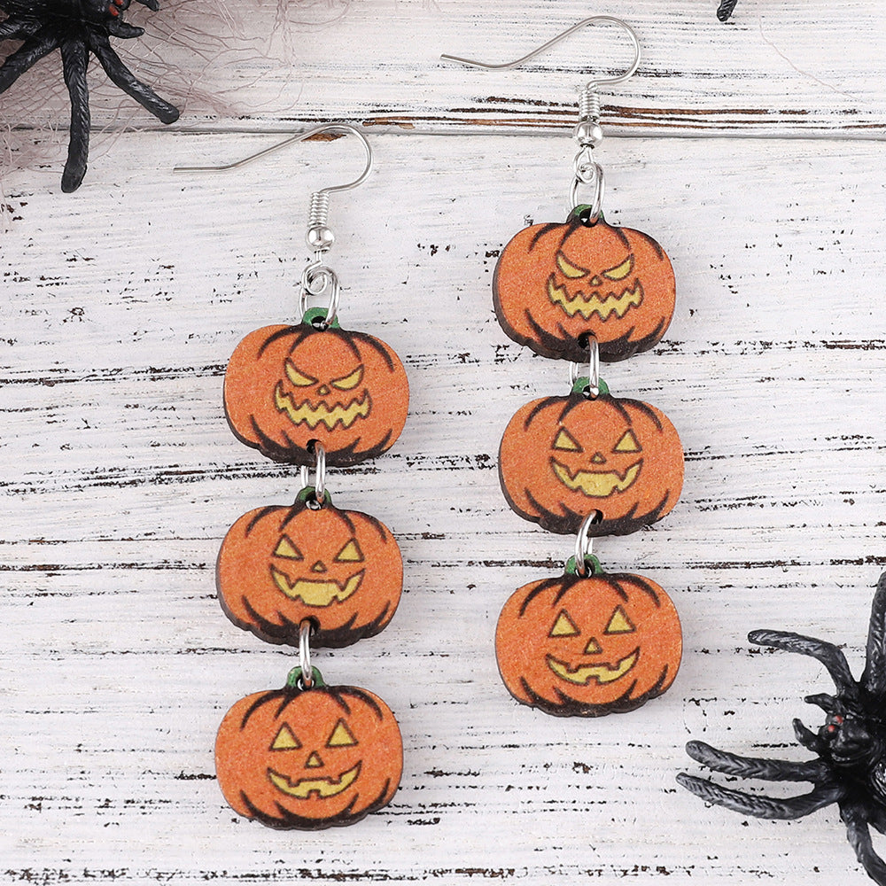 Wholesale Halloween Gothic Black Cat Ghost Face Pumpkin Splicing Triple Wood Earrings ACC-ES-ChuLian061