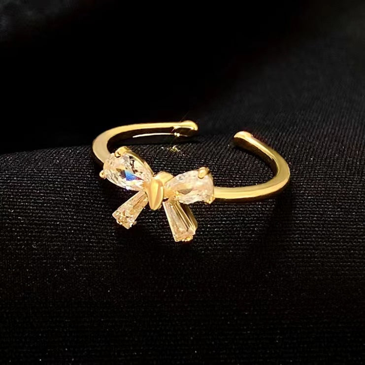 Wholesale retro metal bow ring micro-inlaid pink zircon  ring f