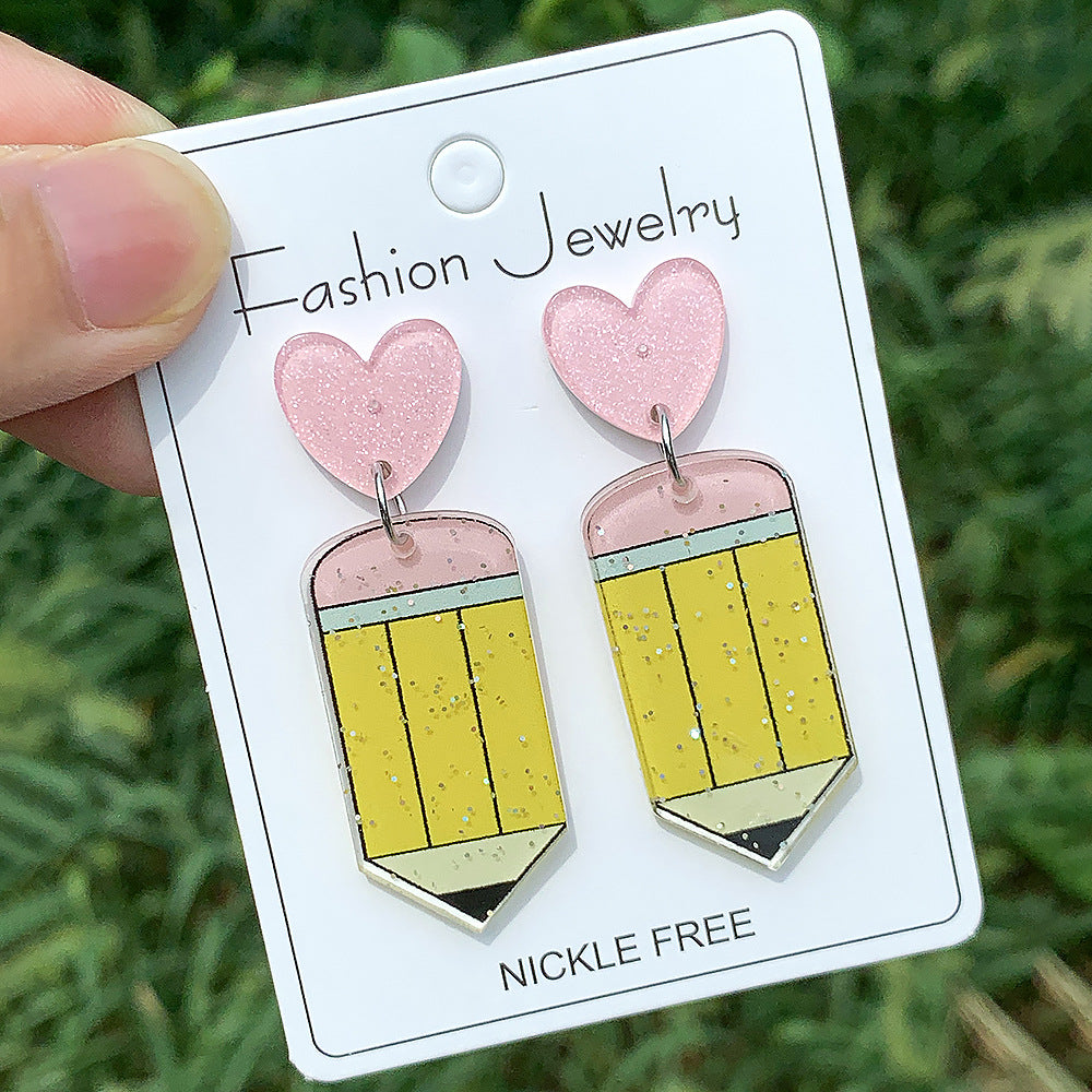 Wholesale Teacher' s Day Pencils Apples Books Cartoon Contrasting Acrylic  Earrings
