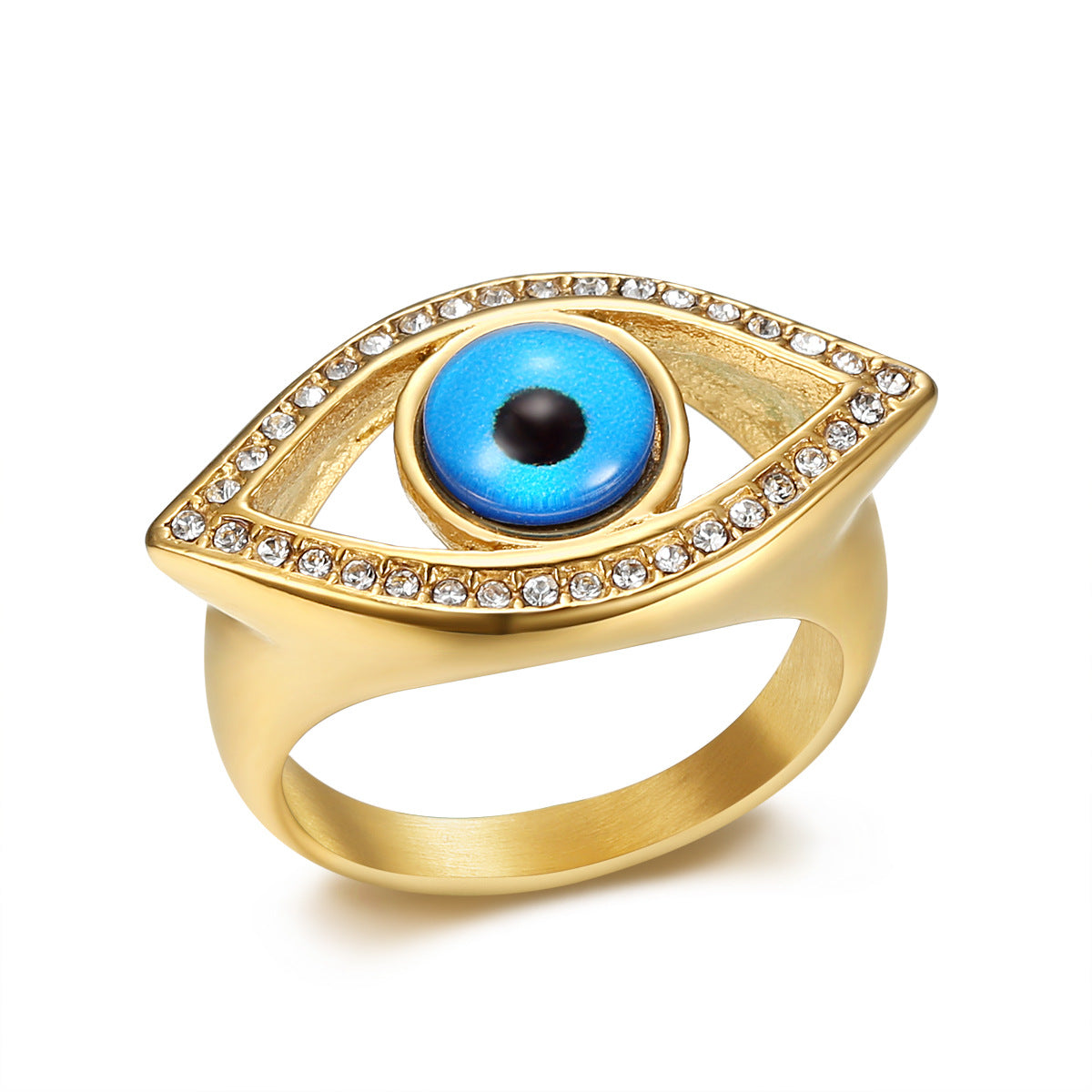 Wholesale  stainless steel gold-plated diamond Blue Angel eye hip hop ring