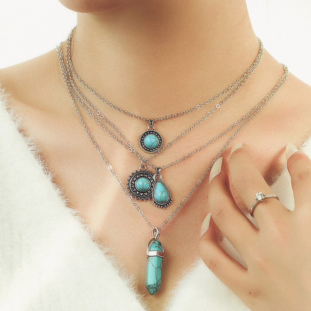 Wholesale Bohemian Turquoise 4-Layer Necklace Pendant Set Fashion Accessory Gift Boutique Resale