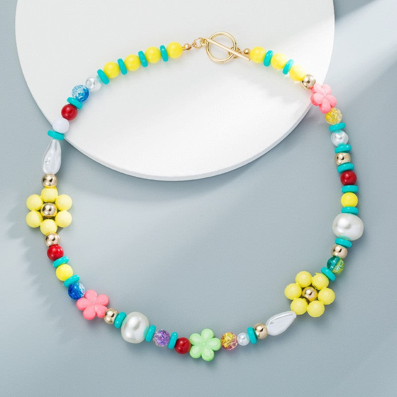 Wholesale  Bohemian ethnic style colorful rice beads  pearl flower necklace