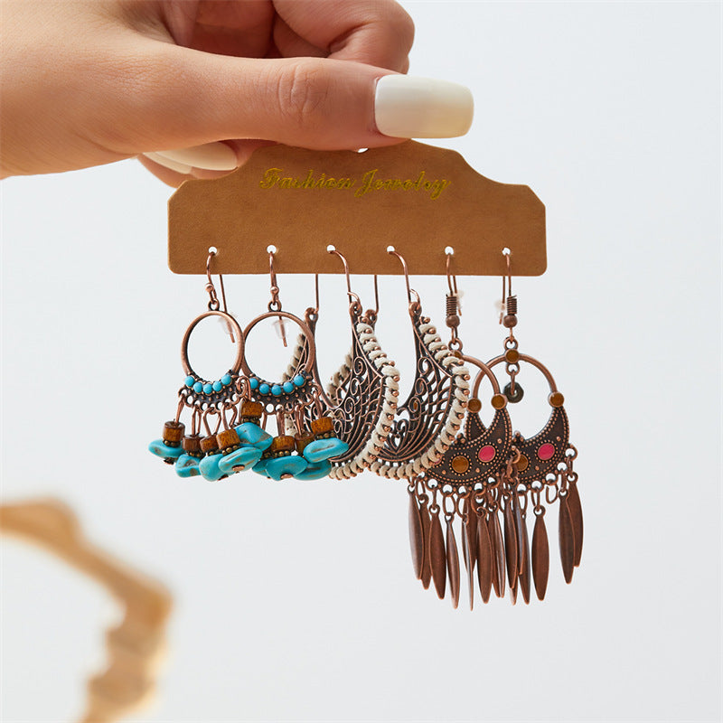 Wholesale Bohemian ethnic style  earrings  all-match long tassel retro combination earrings