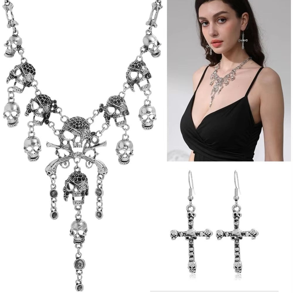 Wholesale  Skull Pirate Fringe Jewelry Set - Ancient Silver Alloy Earrings and Necklace,  Fashion Accessory for Boutique Resale