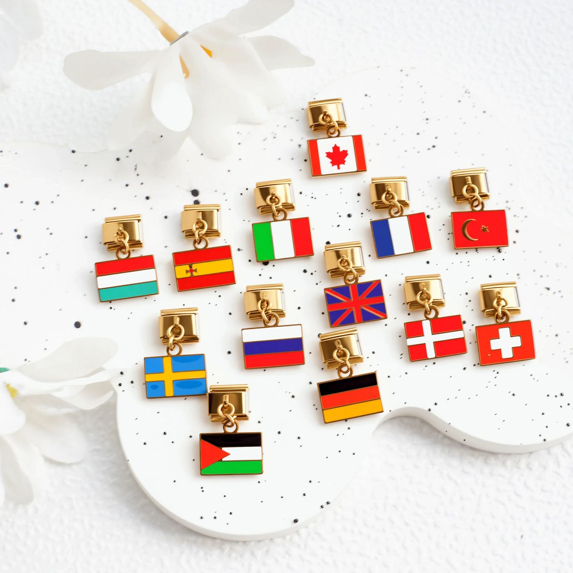 Wholesale 5PCS Italian Charm Bracelet Gold Flag Pendant Stylish Stainless Steel Jewelry Accessory