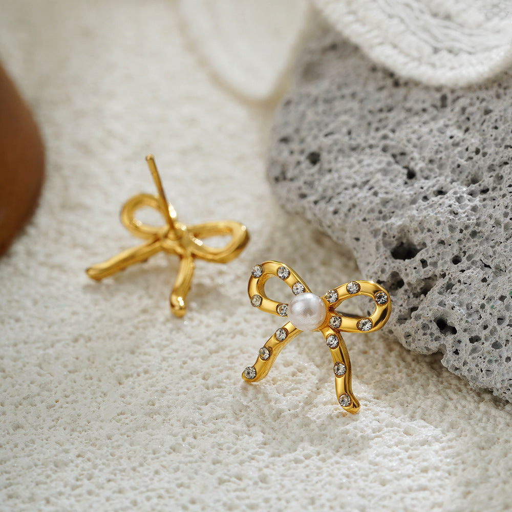 Wholesale 18K Gold Pearl Diamond Earrings Mini Bow Earrings