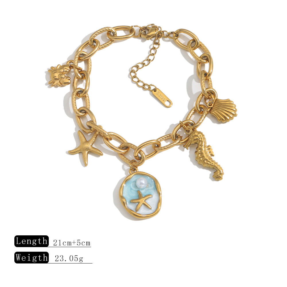 Wholesale Stainless Steel Vintage Ocean Themed Charm Bracelet with Starfish and Pearl - Fashion Accessory