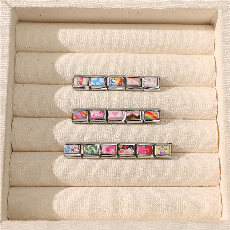 Wholesale Pink Floral Rainbow Heart Stainless Steel DIY Bracelet Charms Jewelry Accessory For Gift Boutique Resale