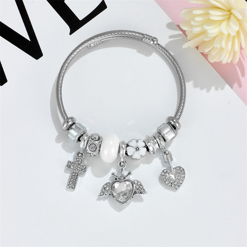 Wholesale Heart Shape Crystal Cross Rhinestone Beaded Stainless Steel Bracelet ACC-BT-QingLian003