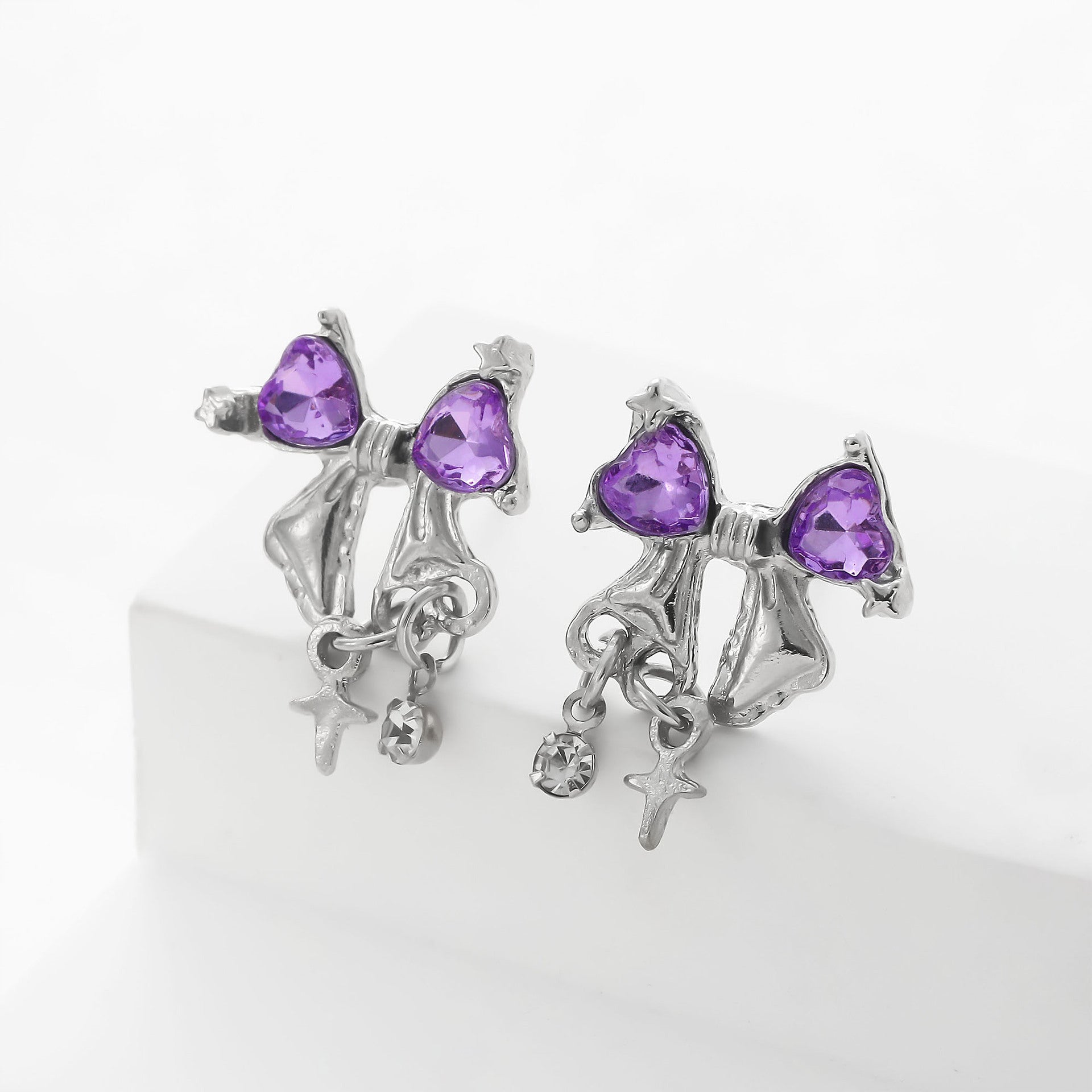 Wholesale Versatile Bowknot Star Heart Purple Diamond Earrings