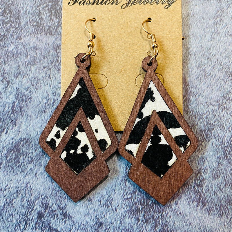 Wholesale  Western retro wooden earrings leopard print milk pattern inlaid earrings