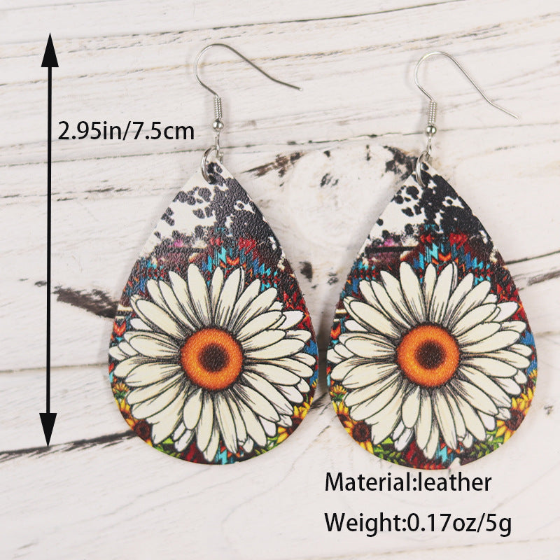 Wholesale  Cute Sunflower Leopard Print Leather Earrings