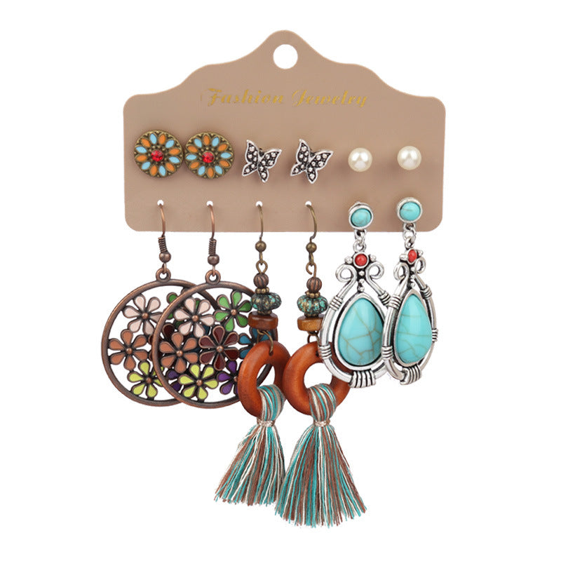 Wholesale Vintage Turquoise Lantern Flower Earrings 6-Piece Set,  Alloy Electroplated Jewelry for Everyday Wear Gift