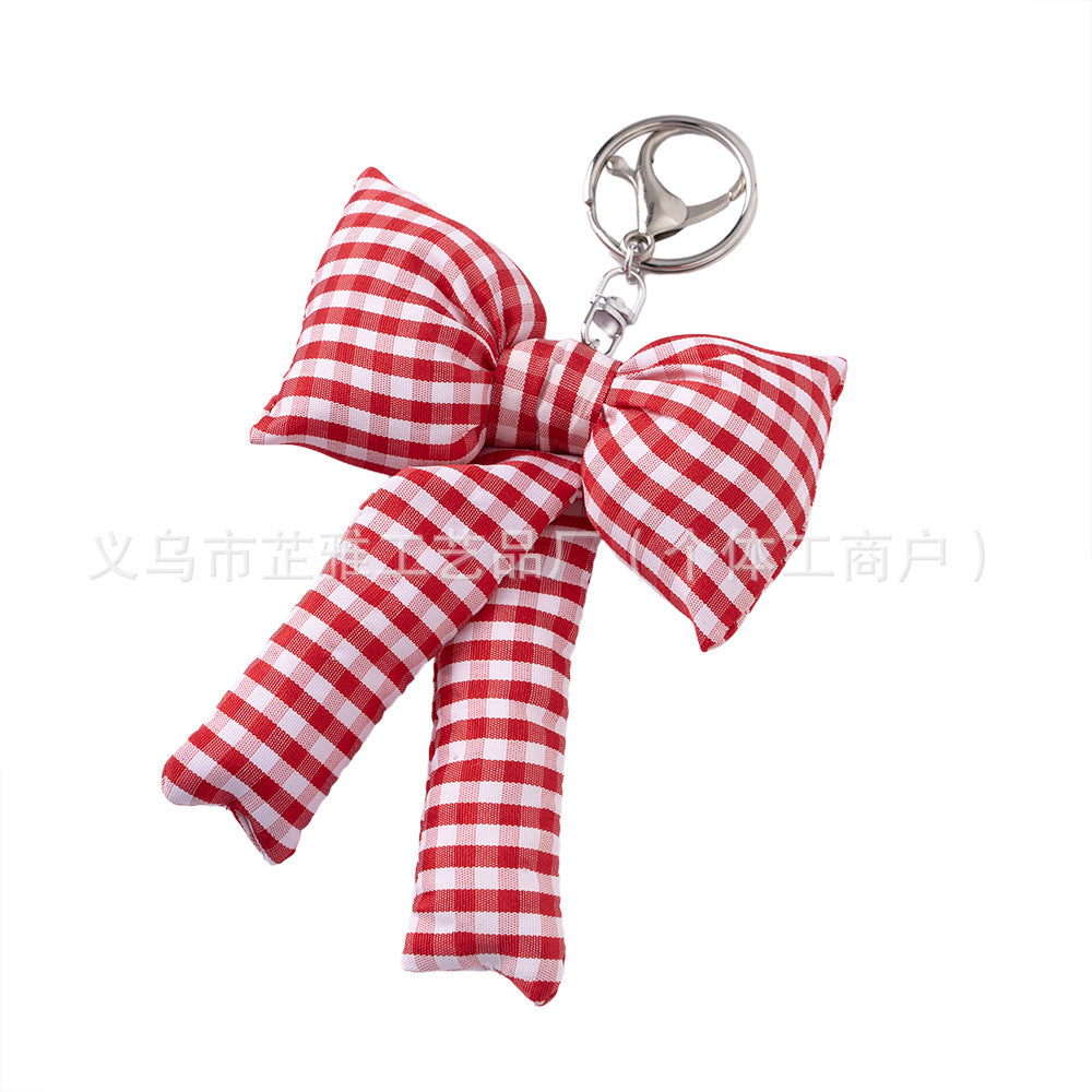 Wholesale  Blue Pink Plaid Handmade Fabric Bow Pearl Car Keychain