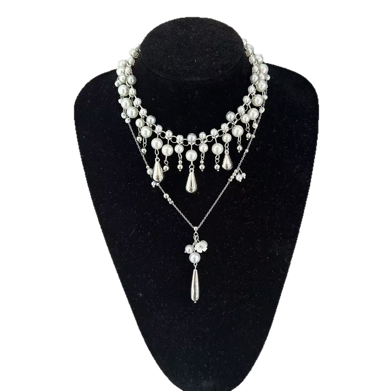 Wholesale Vintage Pearl Rhinestone Layering Necklace French Court Style Alloy Chain Trendy Boutique Jewelry Gift