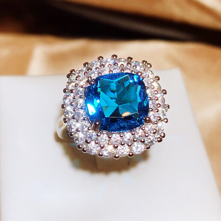 Wholesale  full diamond sapphire light luxury sea blue zircon female ring