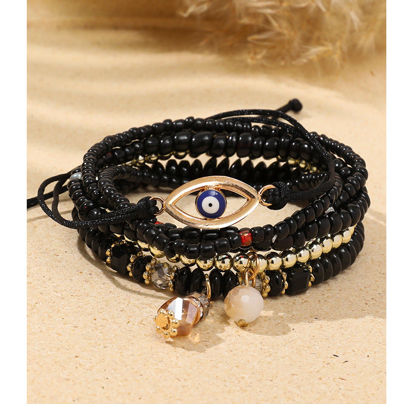 Wholesale Devil's Eye Multi-layered Bracelet Bohemian Style Rice Beads Adjustable Bracelet ACC-BT-XLH006
