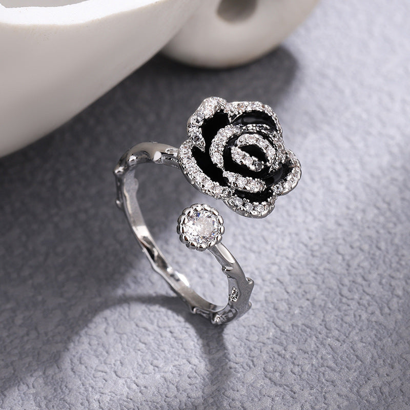 Wholesale Black camellia ring light luxury ring