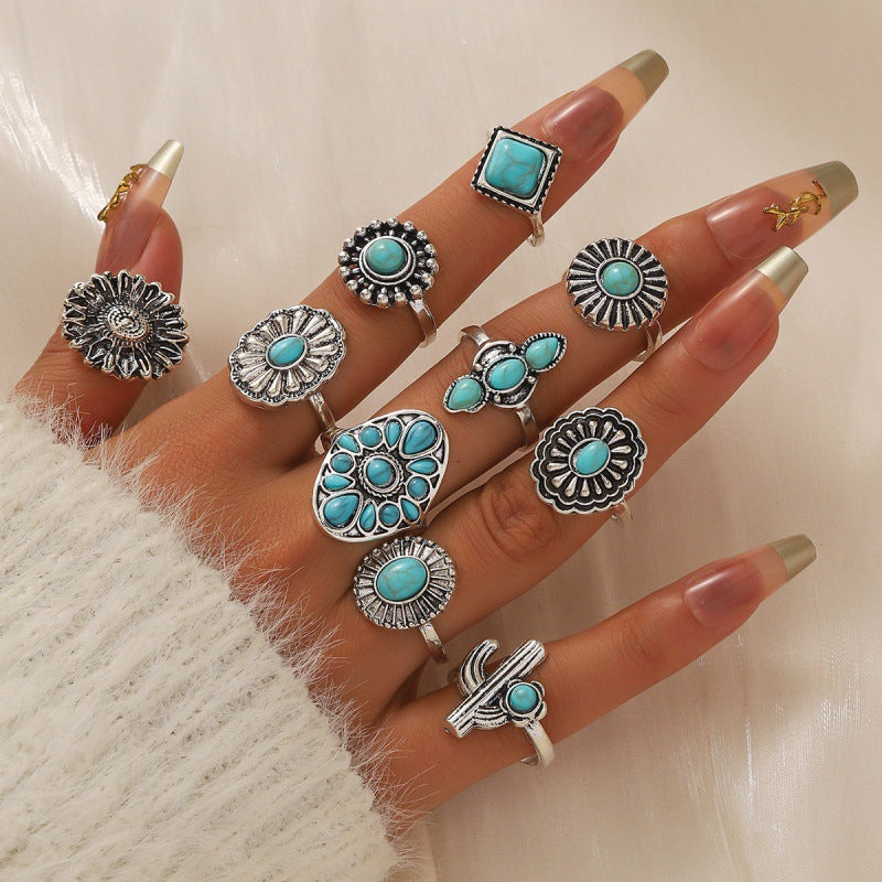 Wholesale Turquoise Vintage Flower Ring Set 10-Piece Women' s Jewelry Accessory