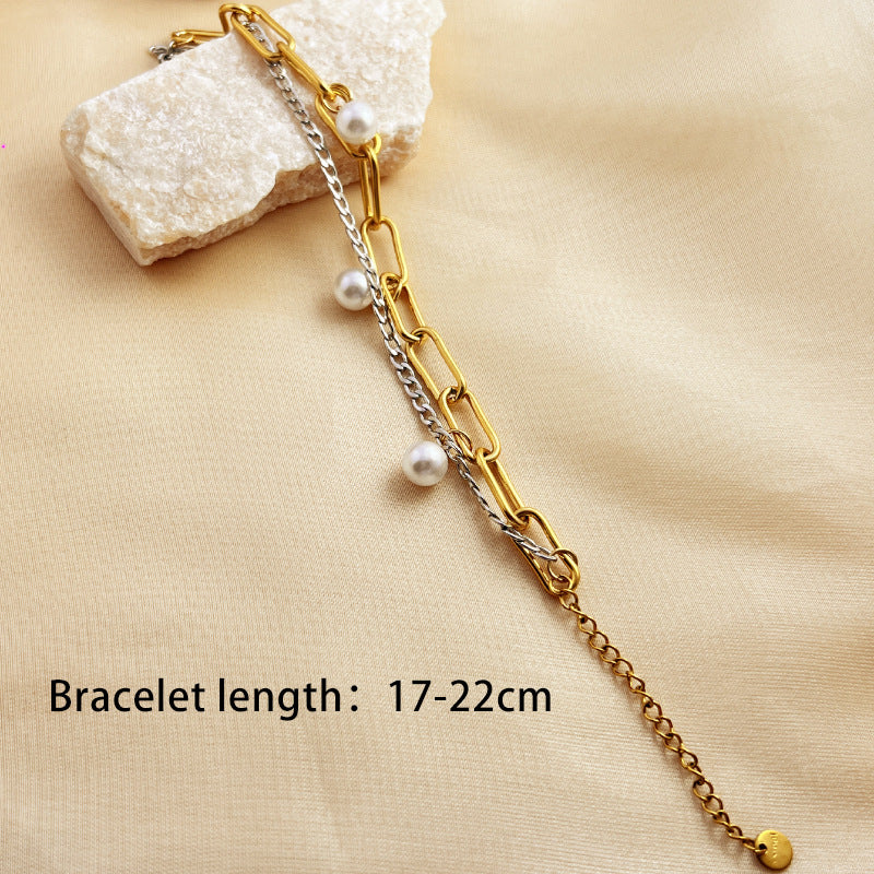 Wholesale Summer fashion pearl pendant thick chain multi-layer stainless steel bracelet