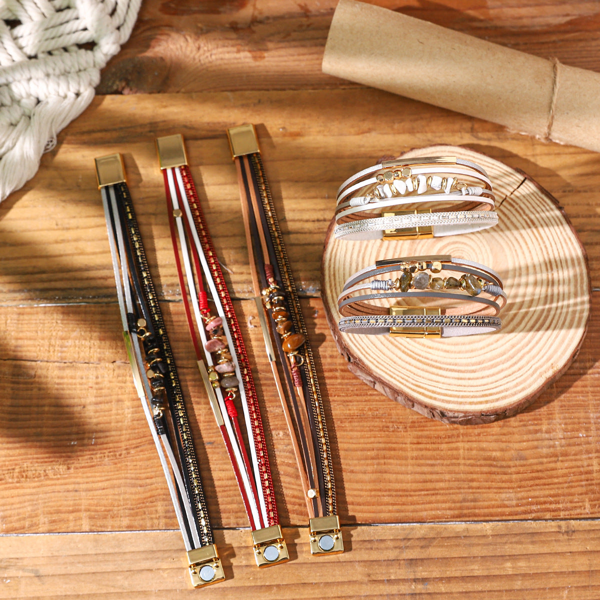 Wholesale Bohemian Colored Gemstone Leather Bracelets