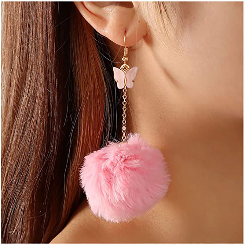 Wholesale Mink Fur Pom Pom Pendant Butterfly Earrings