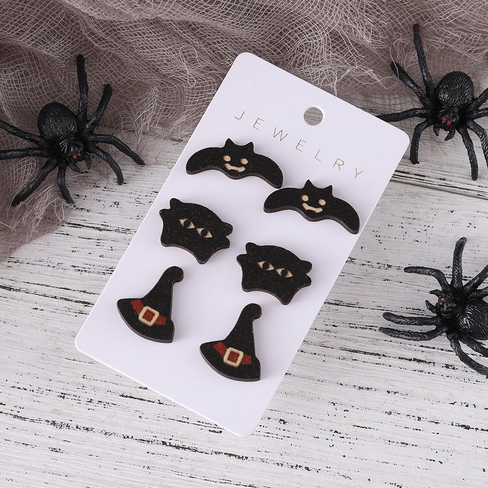 Wholesale Halloween Bat Black Cat Witch Hat Earrings Set