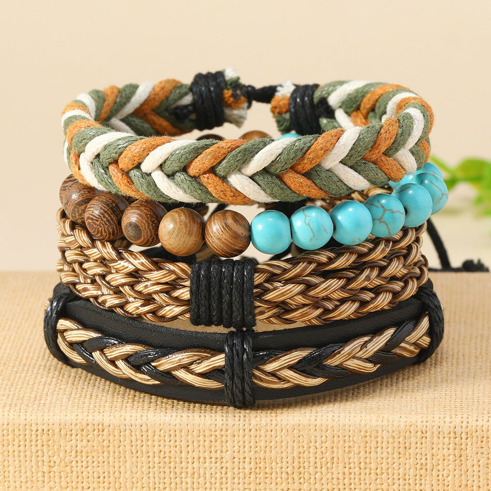 Wholesale Bohemian Handmade Woven Wood Turquoise Bracelet Set