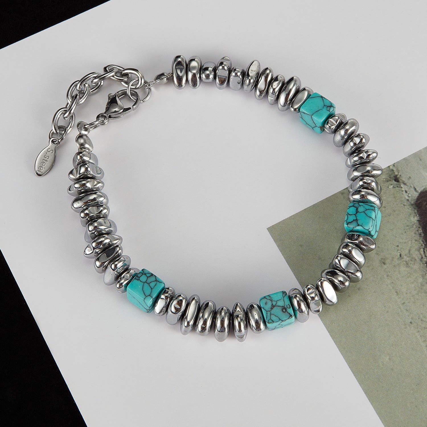 Wholesale stainless steel personality design blue turquoise black stone bracelet