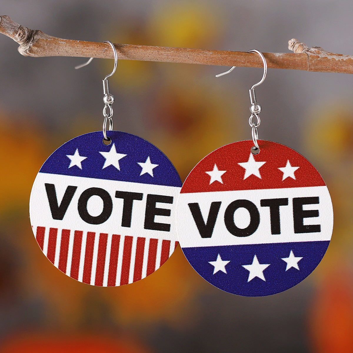 Wholesale Striped Star VOTE Round Wood Double-sided Earrings ACC-ES-ChuLian079