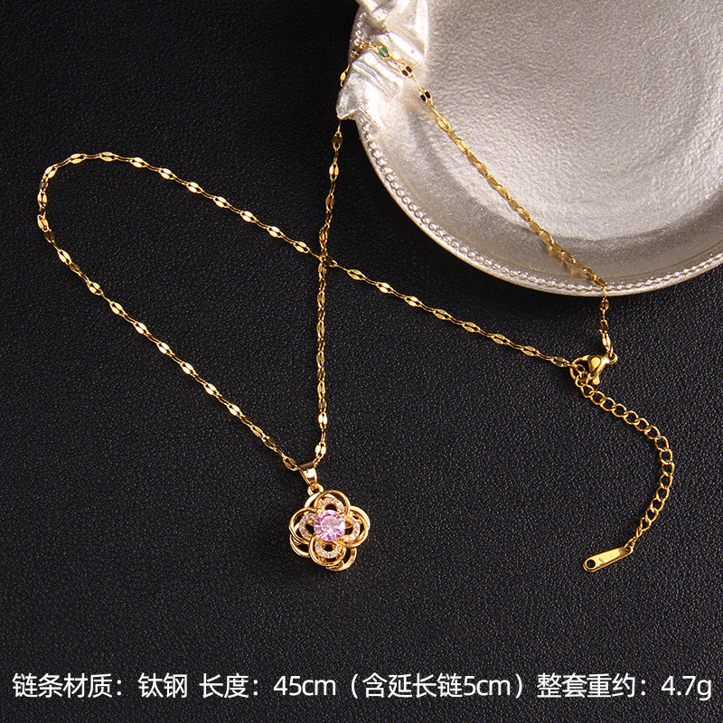 Wholesale Zircon Rotating Four Leaf Clover Flower Pendant Titanium Steel Necklace ACC-NE-Rongc006
