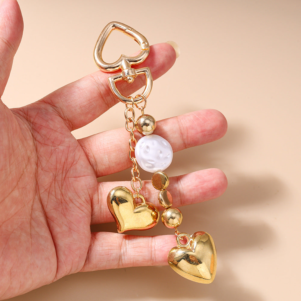 Wholesale Fashion Heart-Shaped Peach Heart Key Chain Pearl Stereo Heart Key Chain Key Ring Bag Pendant