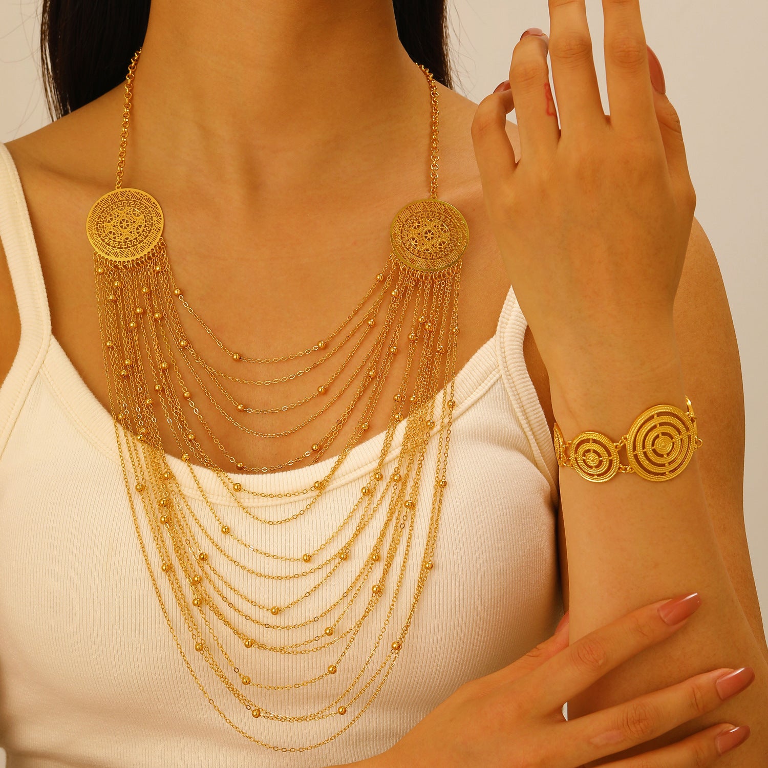 Wholesale Retro Middle Eastern Ethnic Style Layered Necklace And Bracelet Set Gold Tone Alloy Jewelry Accessory For Boutique Resale