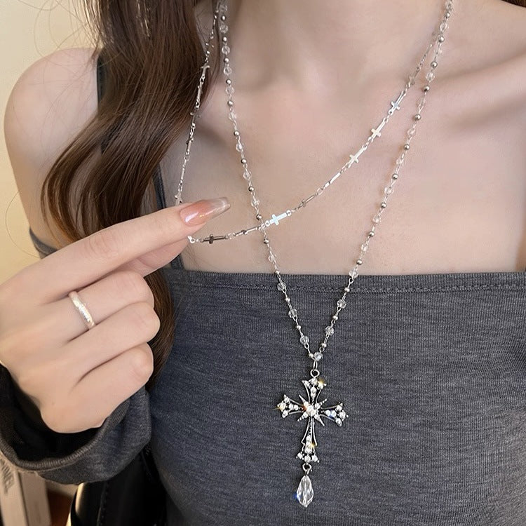 Wholesale Beaded Cross Necklace Long Layered Chain Y2K Women' s Fashion Jewelry Accessory Gift