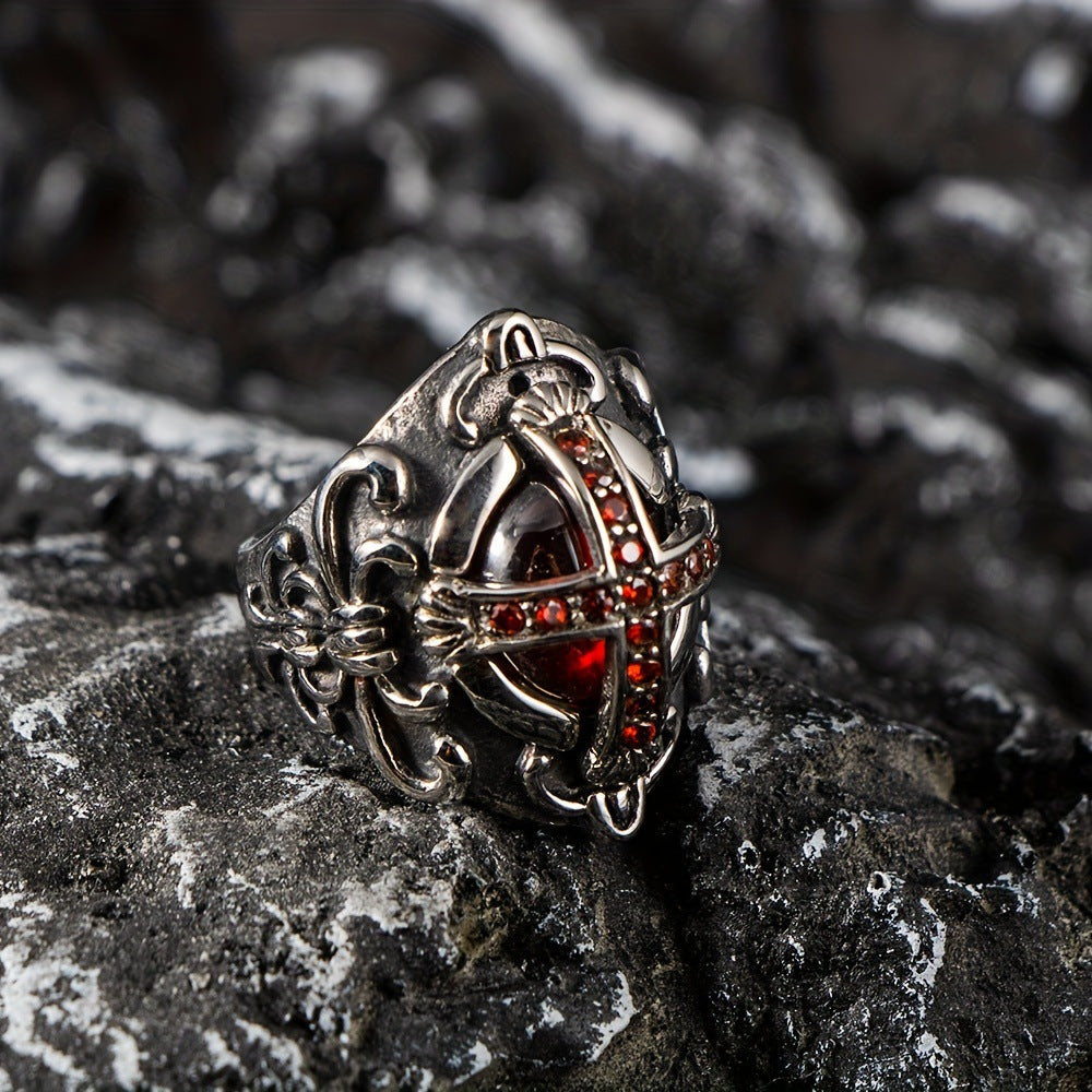 Wholesale Gothic Cross Ring For Men Adjustable Black Ring With Red Rhinestone Trendy Fashion Accessory