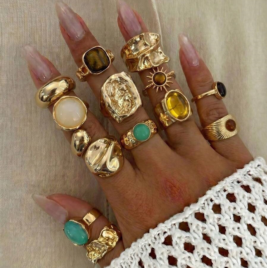 Wholesale Vintage Geometric Gold Finish Alloy Ring Set 7Pc Women S Chic Jewelry Accessory