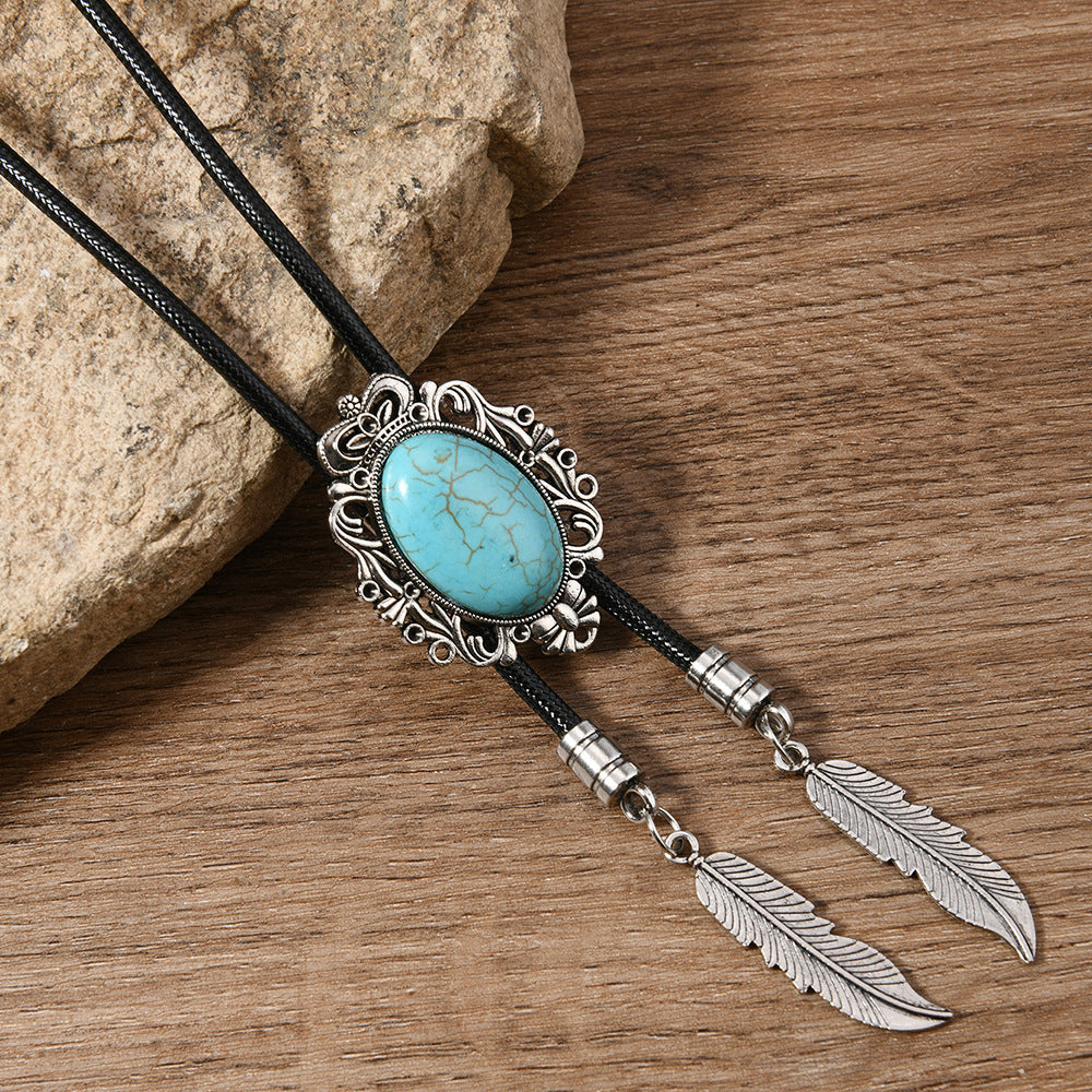 Wholesale Vintage Style Floral Five Pointed Star Cross Disc Bull' s Head Leather Necklace inlaid With  Turquoise