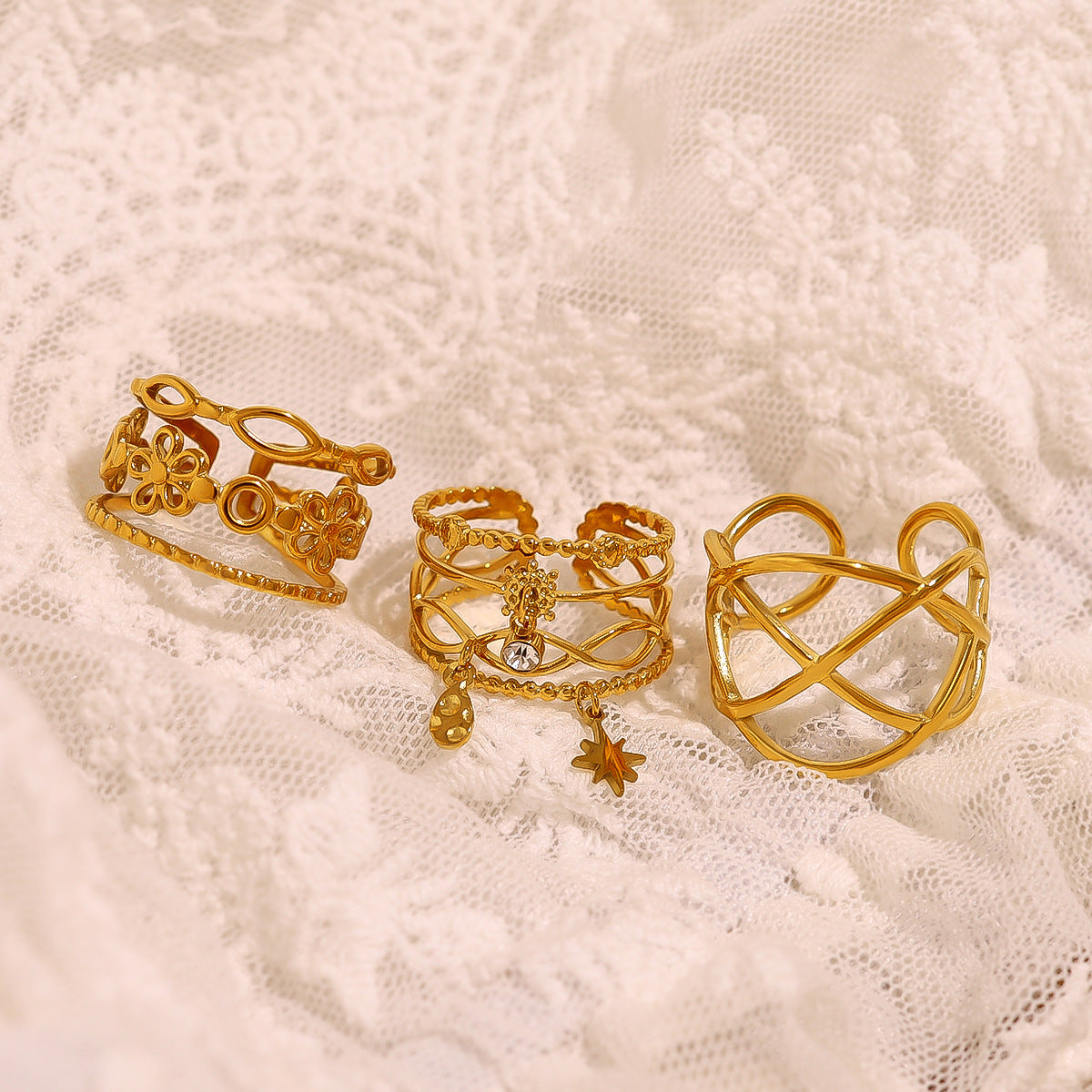 Wholesale Titanium Steel multi-layer geometric awn star pattern ring