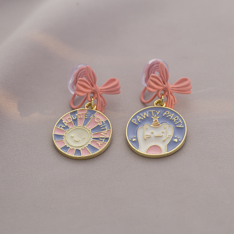 Wholesale Electroplated Alloy Pink Bow Cat Earrings Sweet Fashion Accessory for Girls Gift