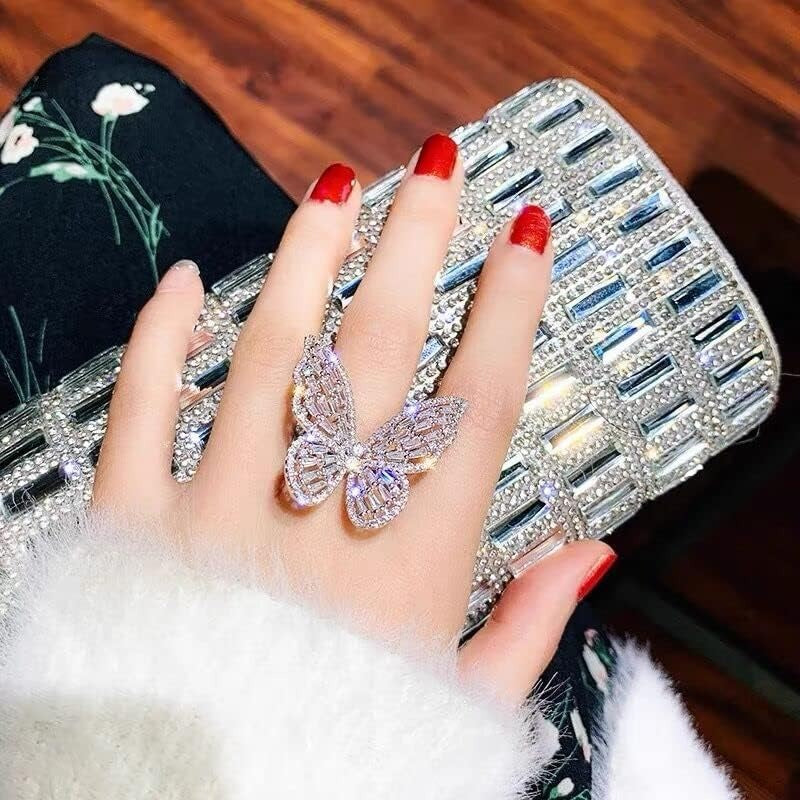 Wholesale Butterfly Rhinestone Adjustable Ring Fashion Cocktail Jewelry Gift for Women Boutique Resale