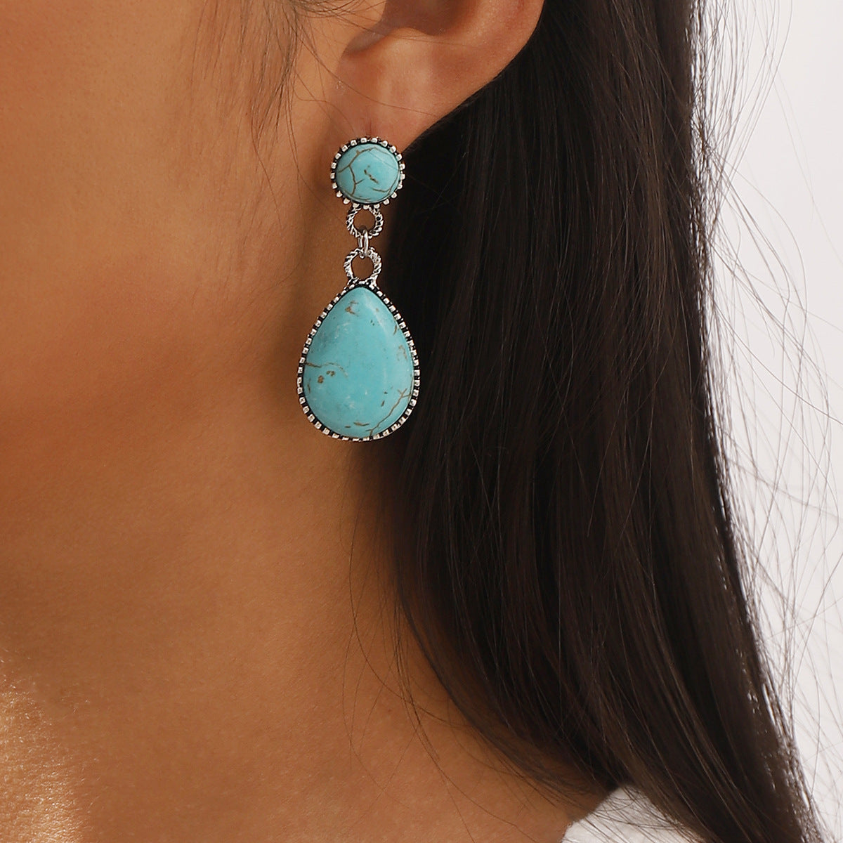 Wholesale  New Creative Ethnic Geometric Earrings Retro Artistic Lace Five-pointed Star Turquoise Earrings
