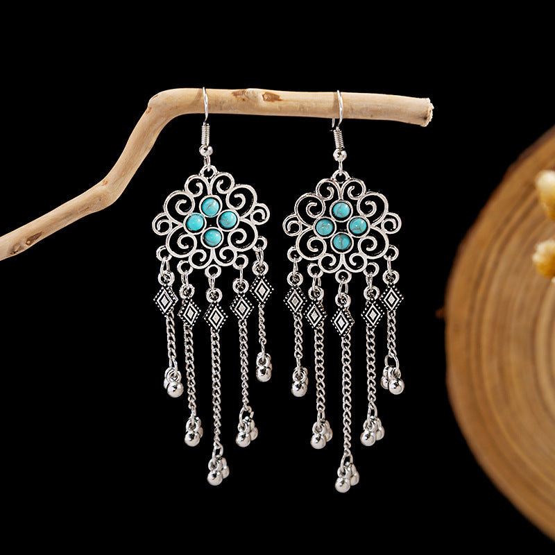 Wholesale Retro Ethnic Style Blue Turquoise Tassel Earrings Handmade Zinc Alloy Boutique Resale Jewelry Accessory