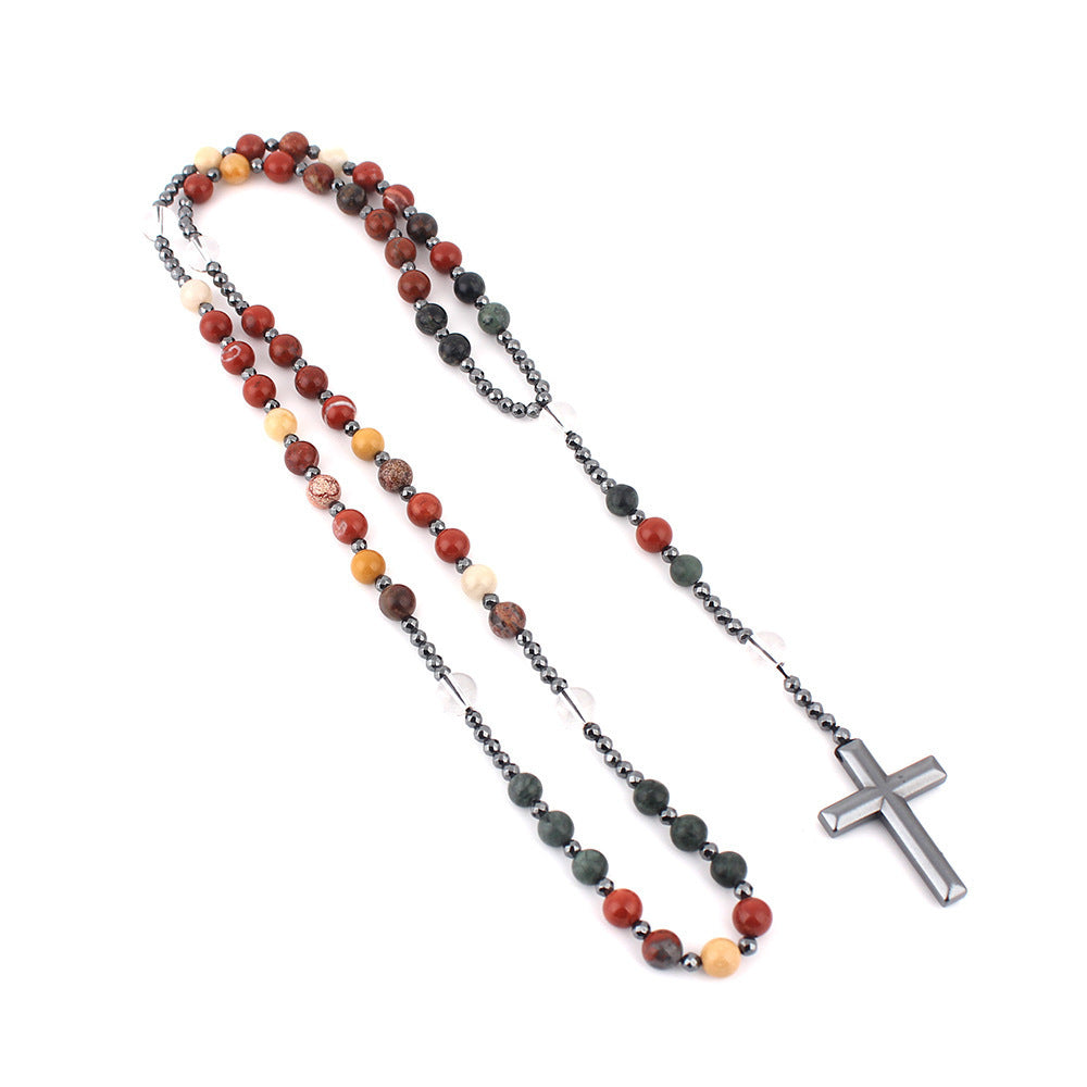 Wholesale  Natural Stone Round Beads Long Chain Black Gallstone Cross  Necklace