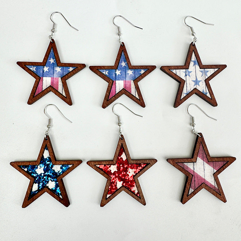 Wholesale American Independence Day Western Style Pentagram Wooden Earrings ACC-ES-XinChuan015