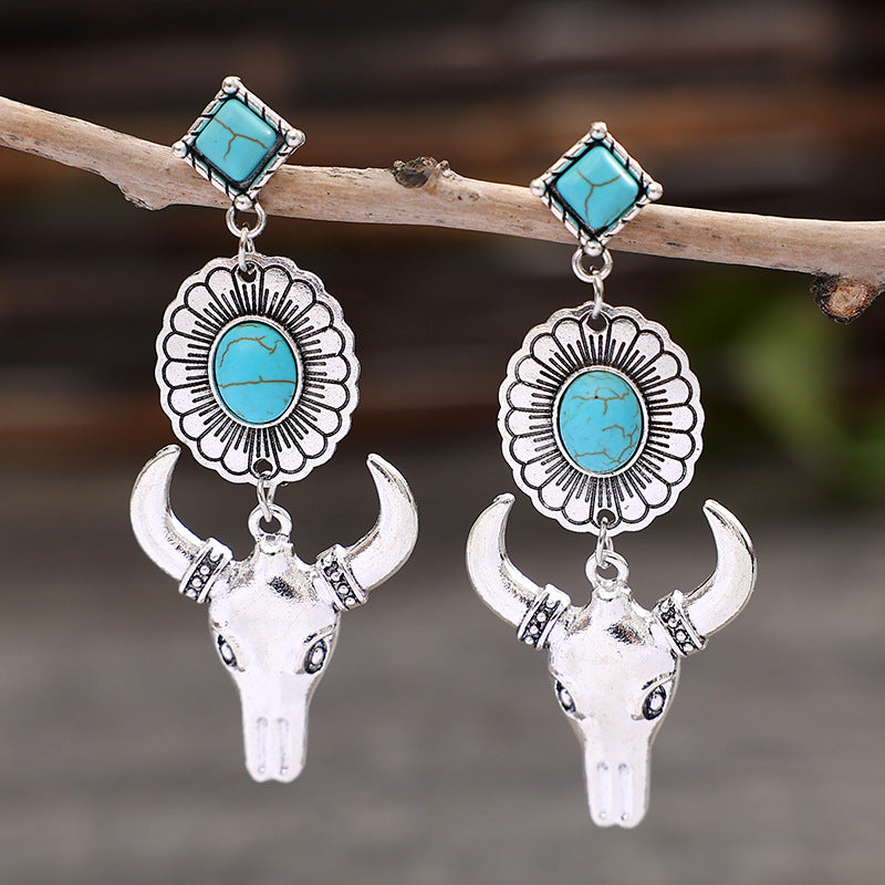 Wholesale Bohemian Cow Head Earrings Retro Denim Turquoise Design Fashion Accessory Gift Boutique Resale