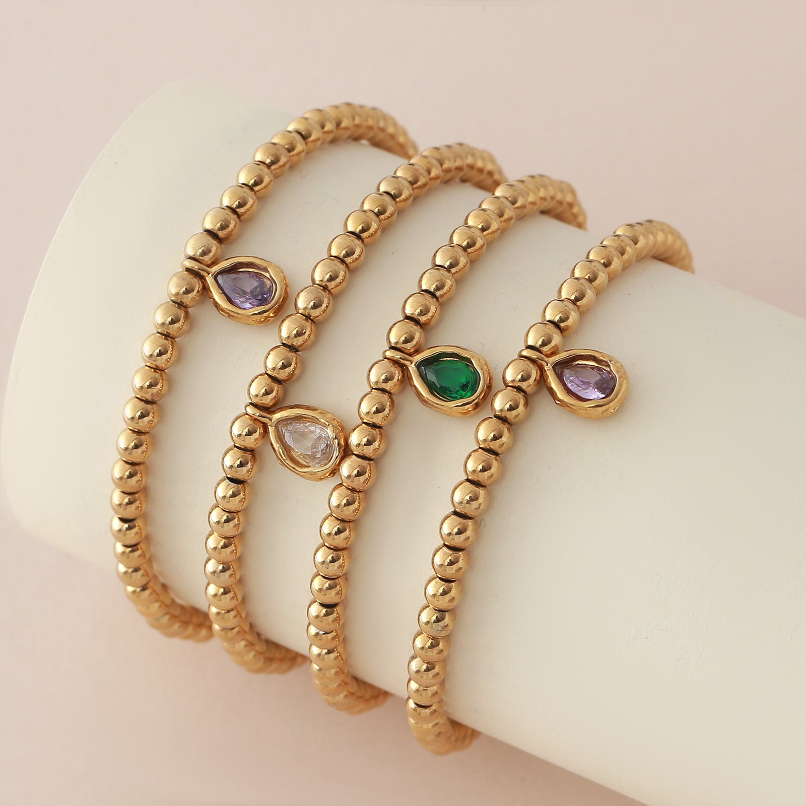 Wholesale Stainless steel birthstone colored zircon round bead chain