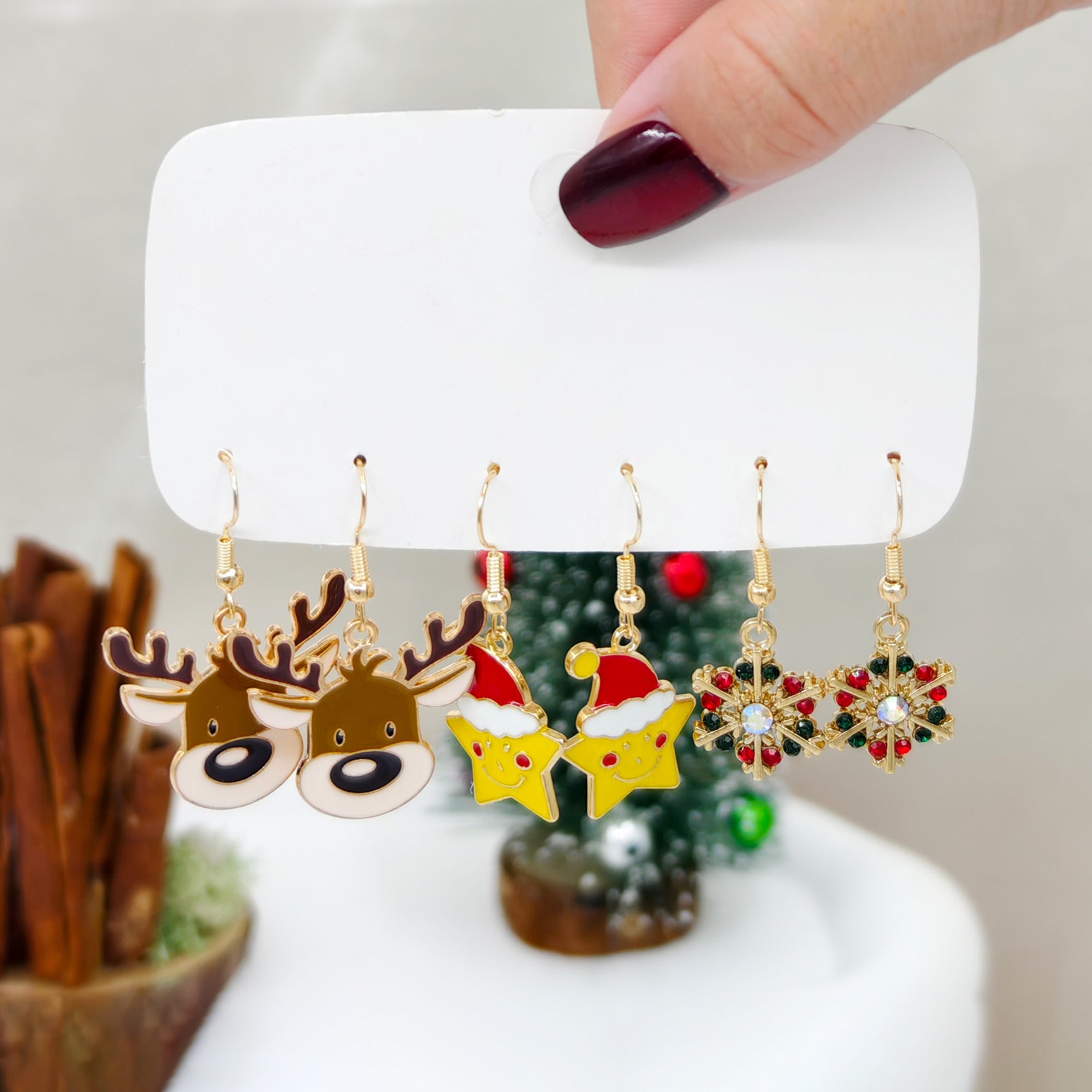 Wholesale 6pcs Cartoon Three-dimensional Oil Drop Christmas Series Snowman Elk Earrings ACC-ES-TianShe006