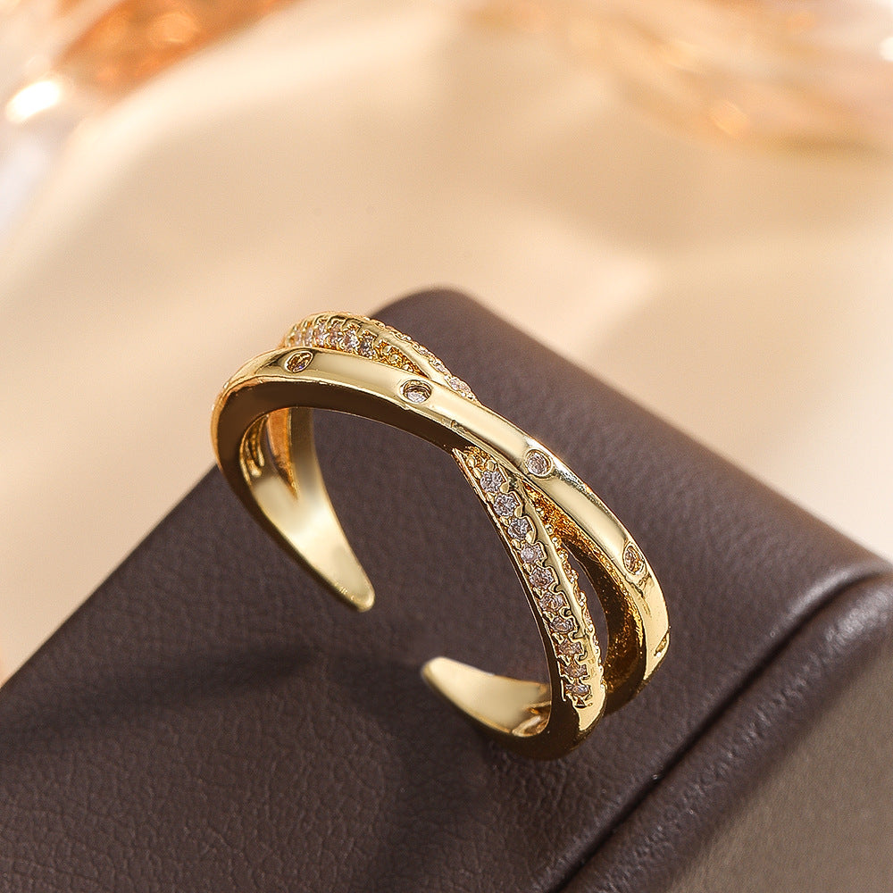 Wholesale Gold Tone Copper Zircon Vintage Open Adjustable Double Layer Ring Stylish Women S Fashion Accessory