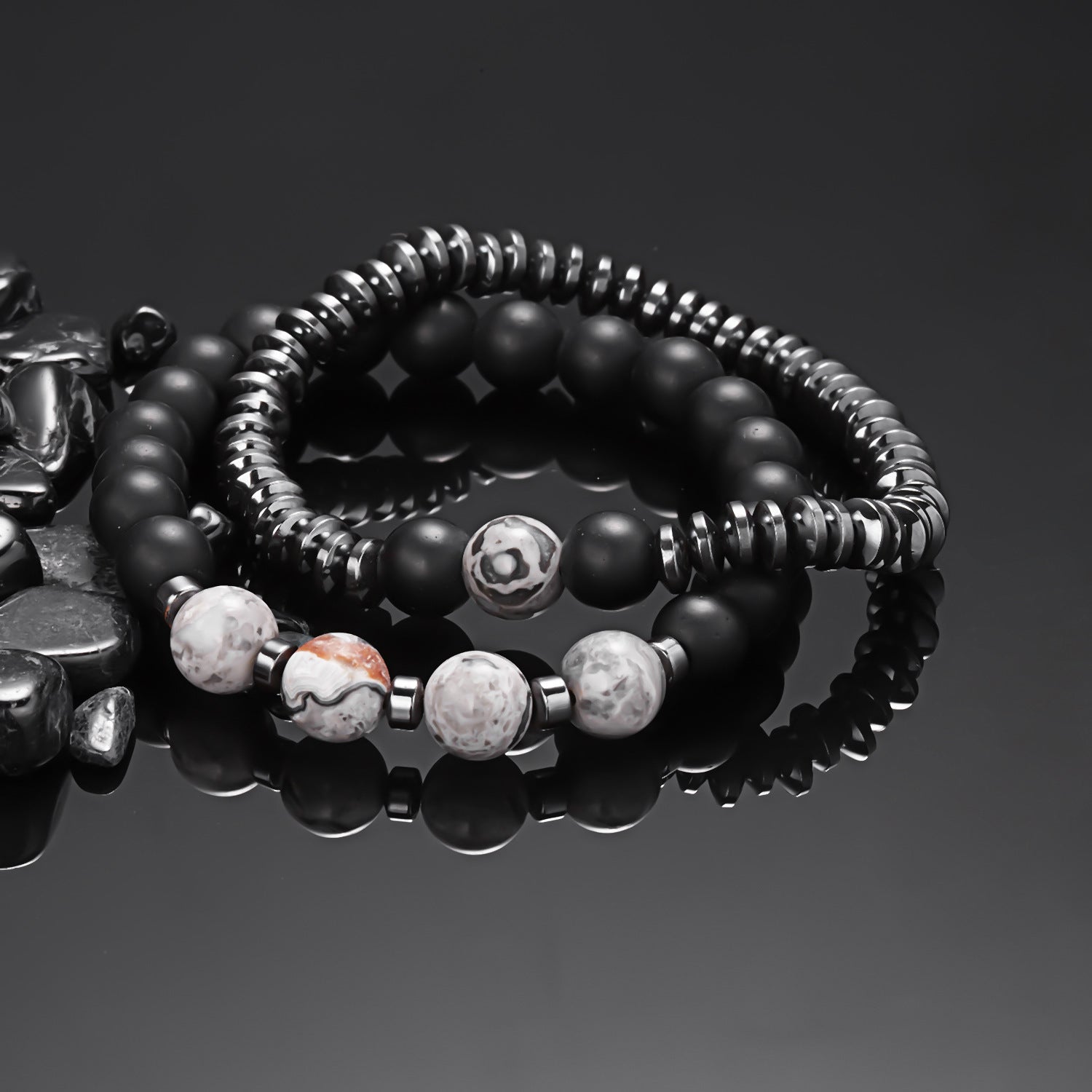 Wholesale black stone frosted stone combination beaded men's bracelet